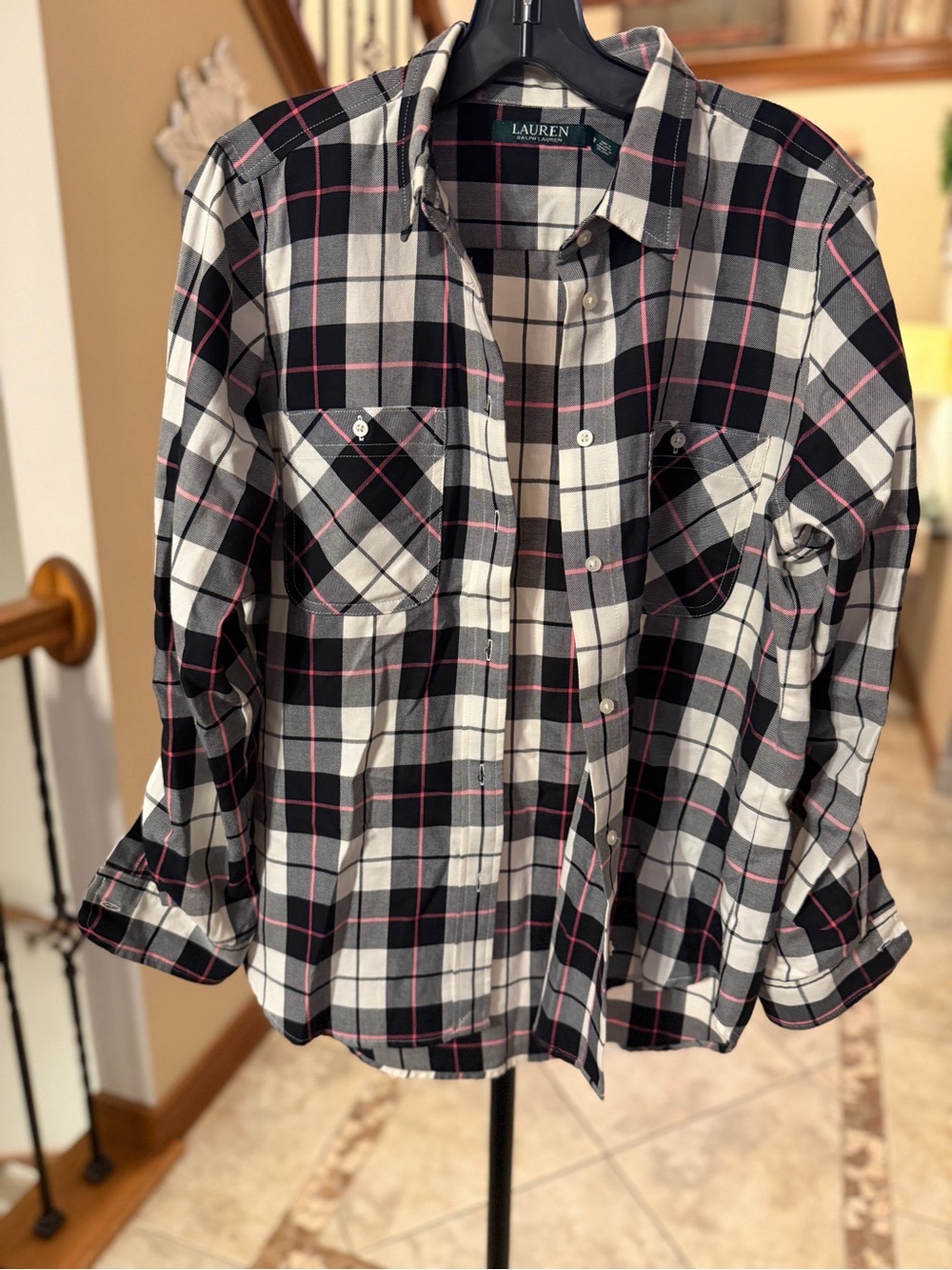 Lauren Ralph Lauren Plaid Cotton Button Down Shirt Black Pink M NWOT